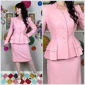 Vintage 1980s Pink Lilli Ann Peplum Jacket and Skirt Suit Set